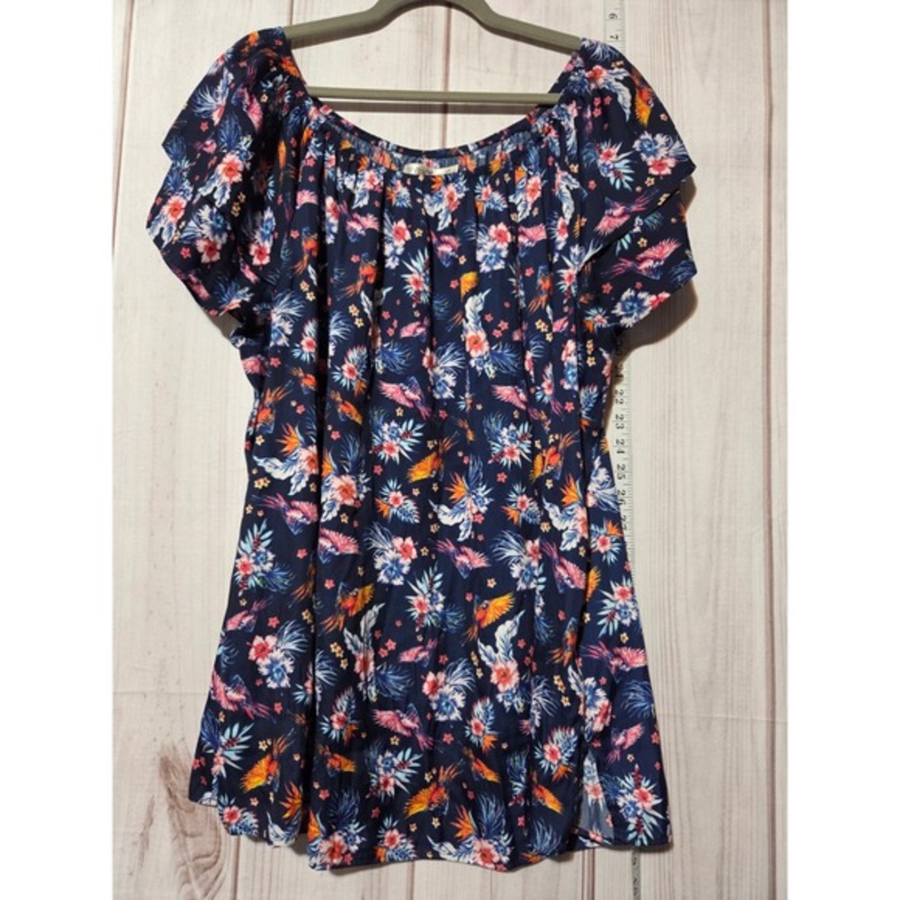 Terra Sky Women's 2X Tropical Parrot Floral‎ Off Shoulder Flutter Sleeve Shirt